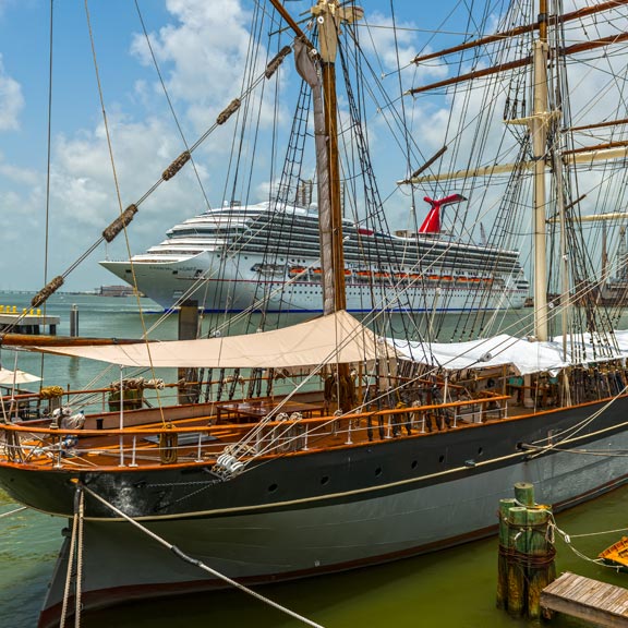 Cruise Ship and Elissa in Harbor, Galveston, TX