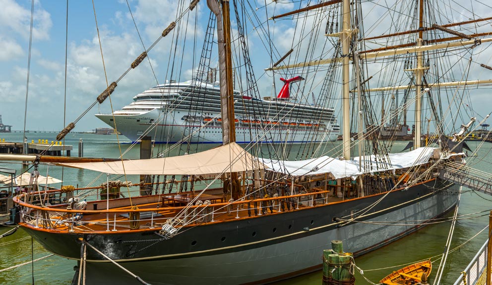 Cruise Ship and Elissa in Harbor, Galveston, TX