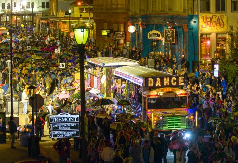 Mardi Gras parade traveling down The Strand