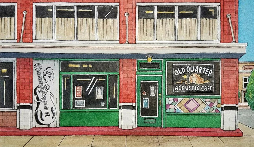 Illustration of the Exterior of Old Quarter Acoustic Cafe, Galveston