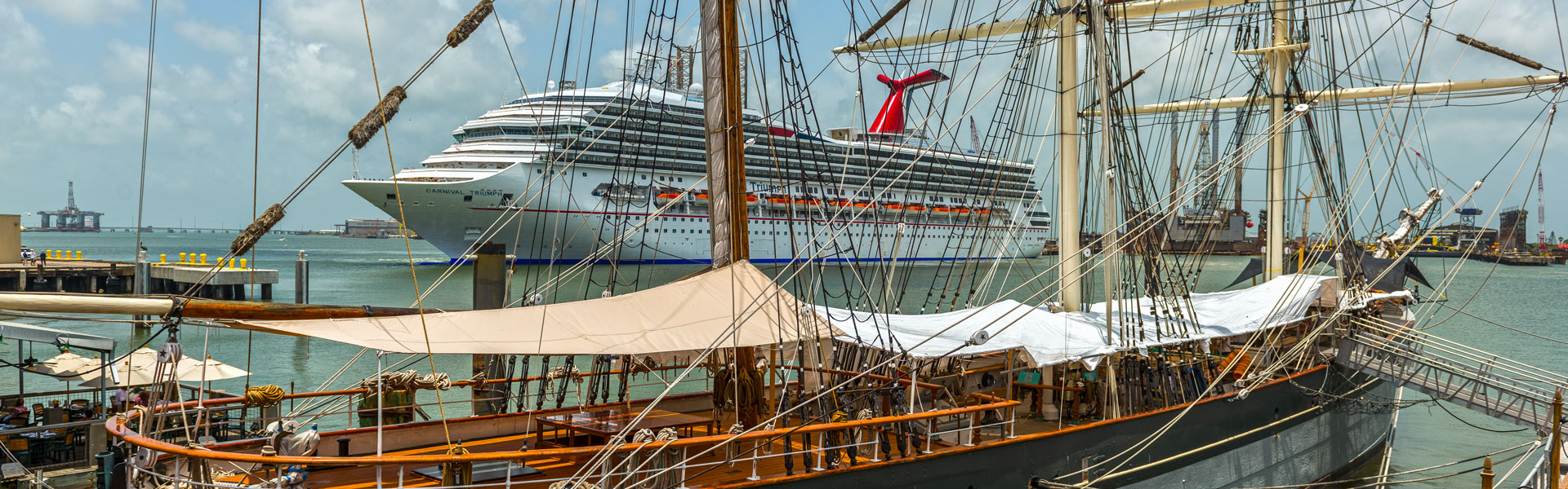 Cruise Ship and Elissa in Harbor, Galveston, TX