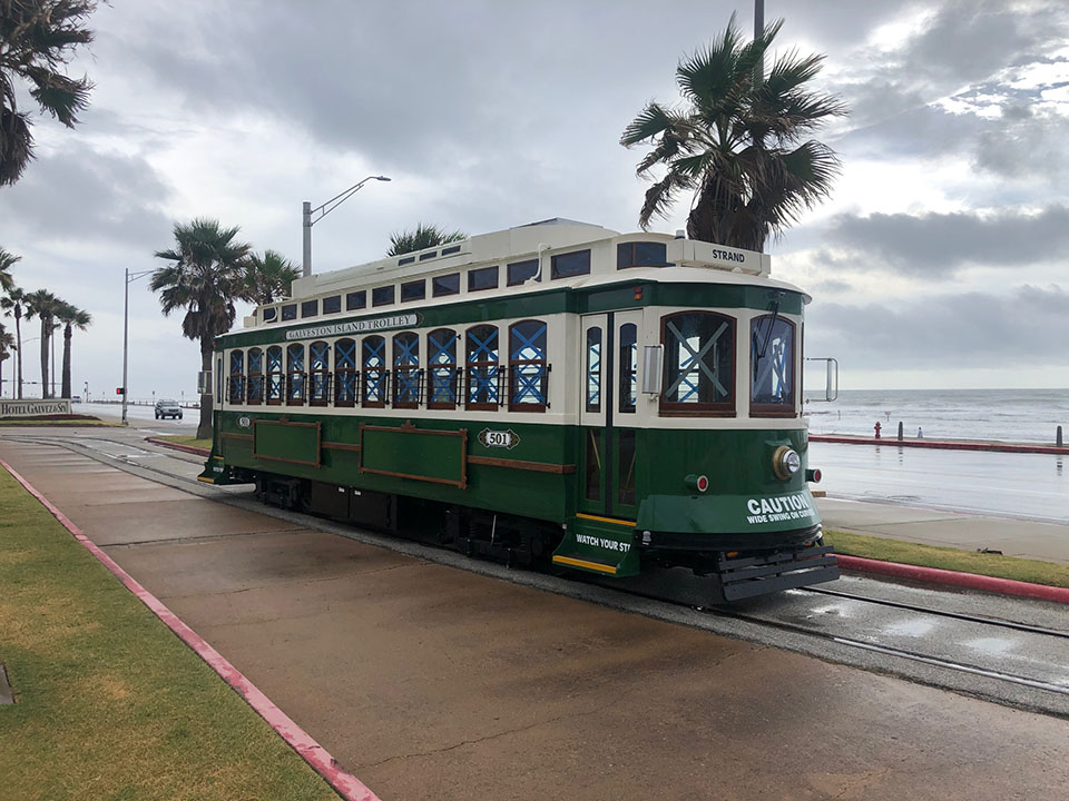 Galveston Historic Trolley Parked on Seawall during Hurricane Laura Galveston Historic Trolley Parked on Seawall during Hurricane Laura
