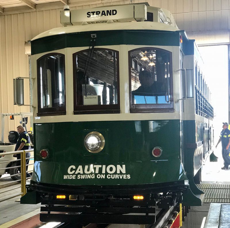 Shiny Red Historic Trolley 502 Arrives Galveston, TX