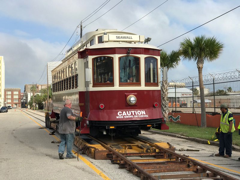 Shiny Red Historic Trolley 502 Arrives Galveston, TX