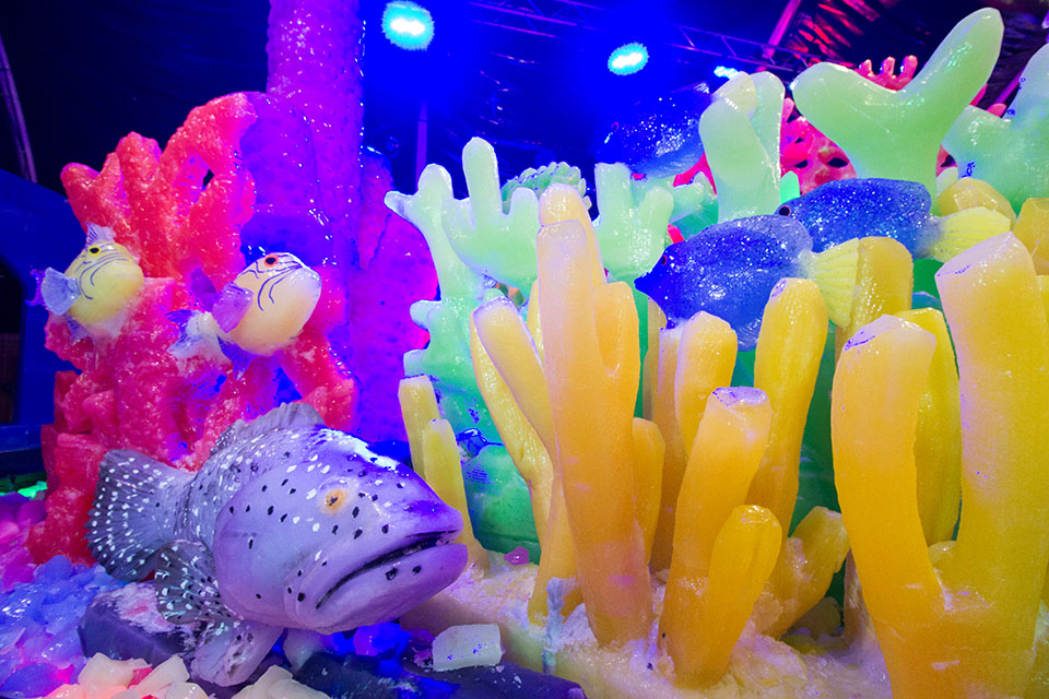 Ice sculptures of grouper and coral