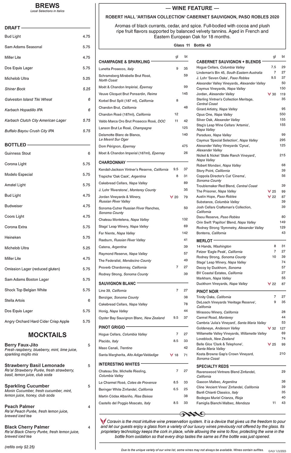 Landrys Prime Beer and Wine Menu