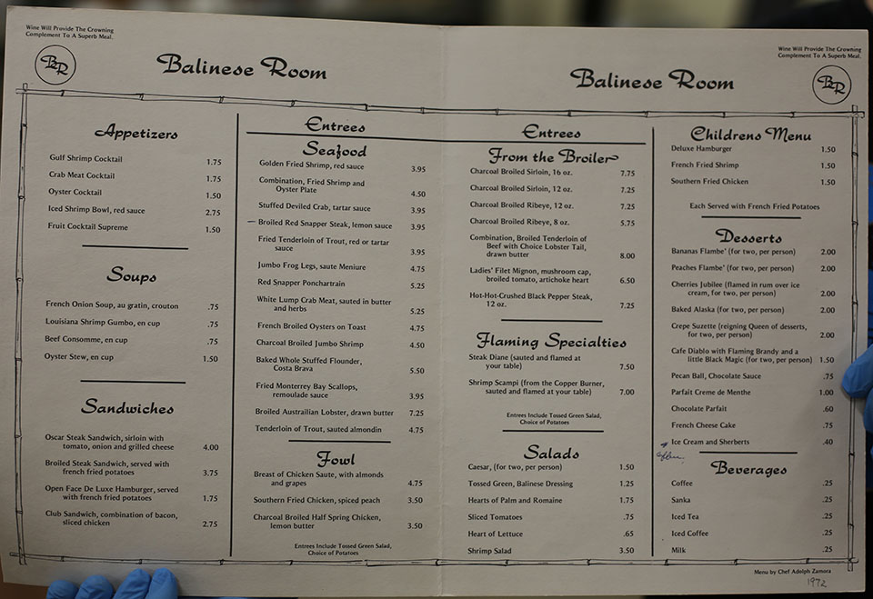 Menu from the Balinese Room