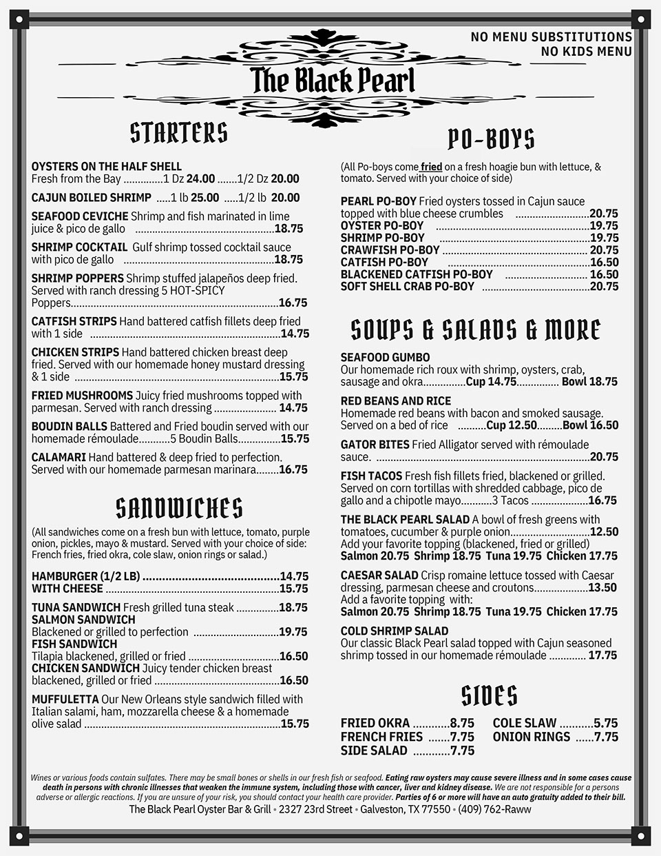 Black Pearl Lunch Menu