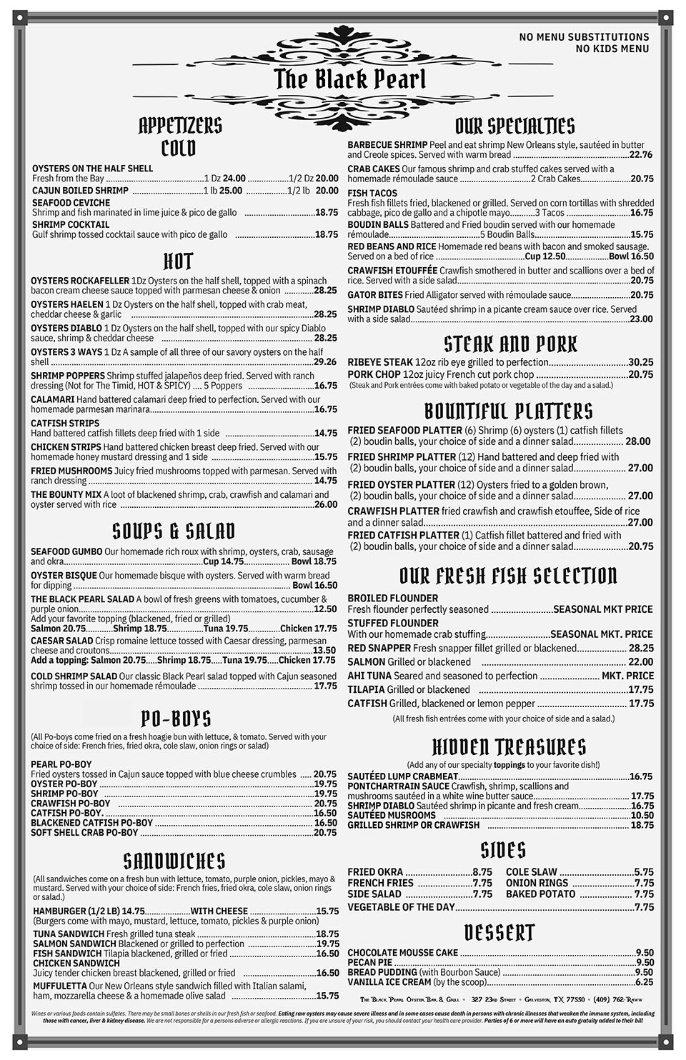 Black Pearl Dinner Menu