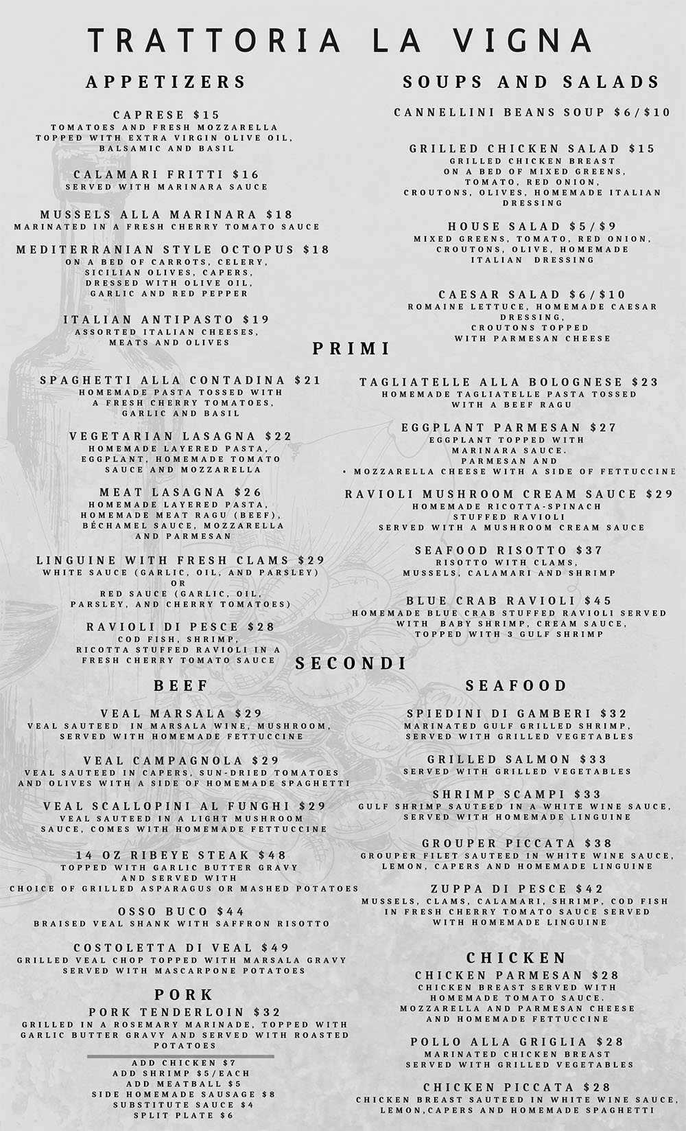 Trattoria la Vigna Dinner Menu